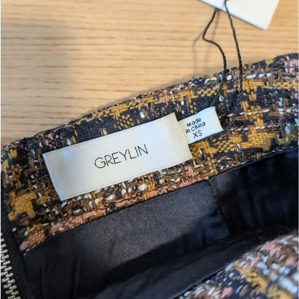Greylin Skirt Womens XS Mini Black/Orange Tweed Plaid Pencil Straight NWT